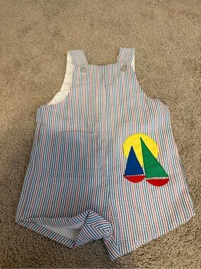 Samara Striped Seersucker Baby Romper with Sailboat Applique - Red, Blue, Green
